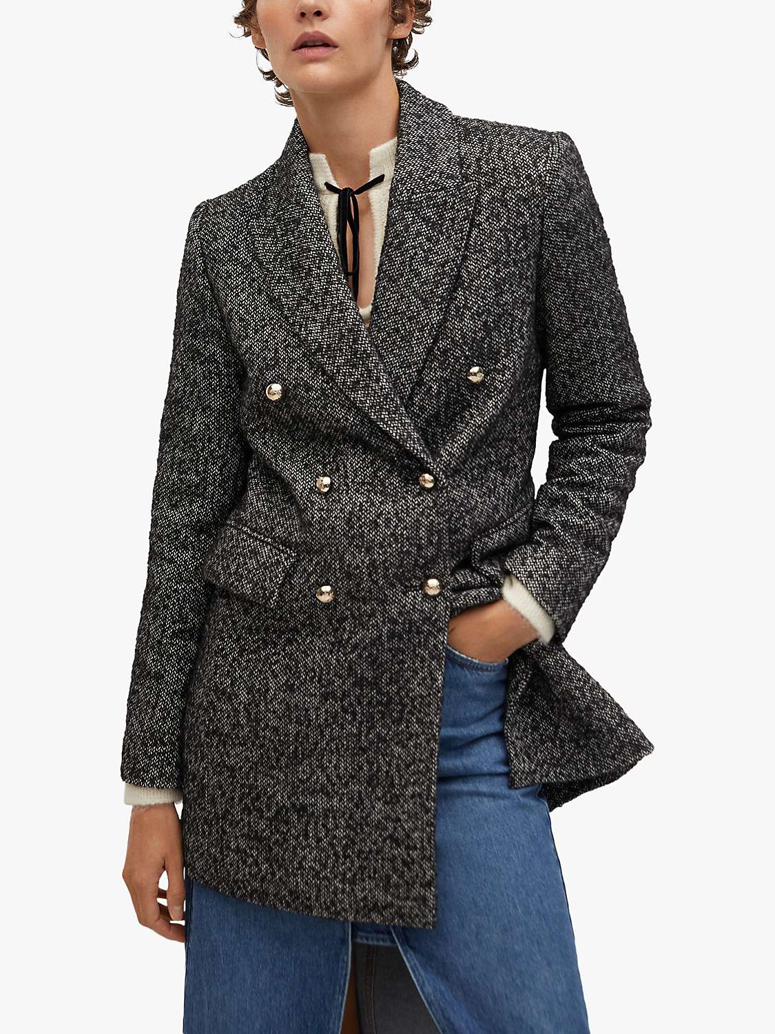 Mango Textured Double Breasted Wrap Coat, Grey at John Lewis & Partners