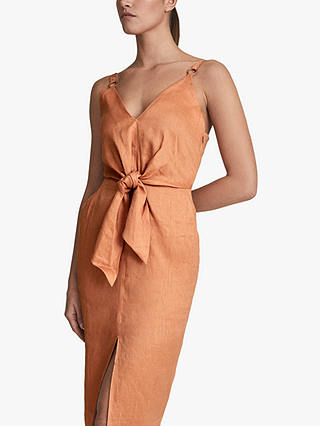 Reiss Kay Plunge Linen Midi Dress, Coral