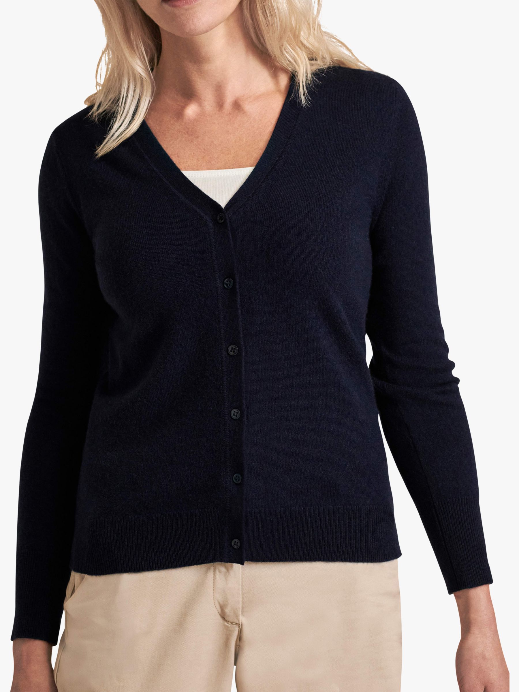 Pure Collection Cashmere V-Neck Cardigan, Navy at John Lewis & Partners