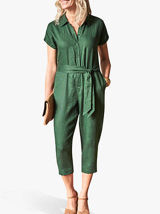 Pure Collection Button Front Linen Jumpsuit, Green
