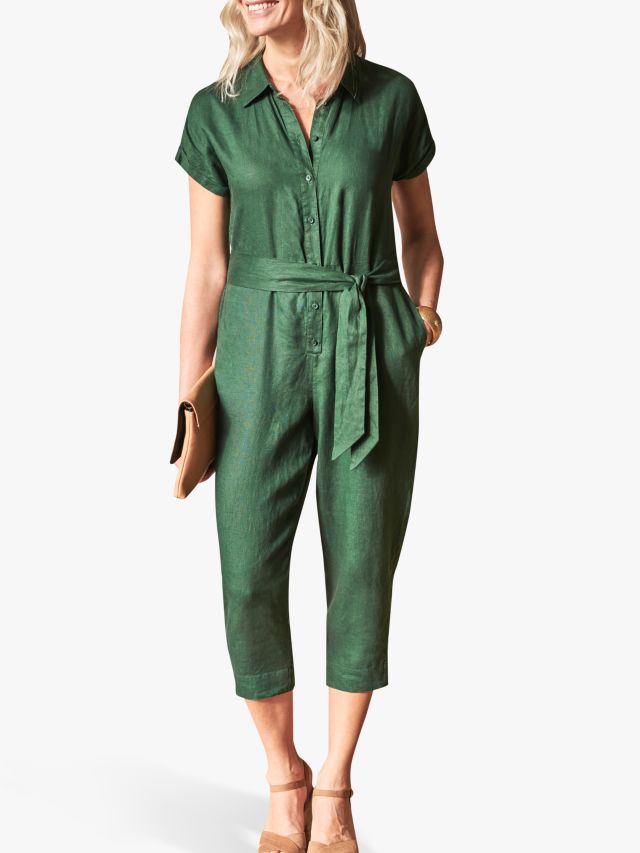 Pure Collection Button Front Linen Jumpsuit, Green, 8