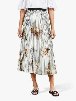 Ted Baker Flavvia Floral Print Pleated Skirt, White/Multi
