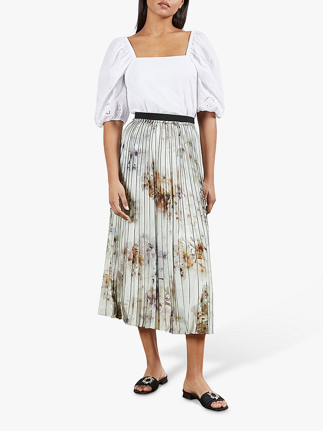 Ted Baker Flavvia Floral Print Pleated Skirt, White/Multi, 6