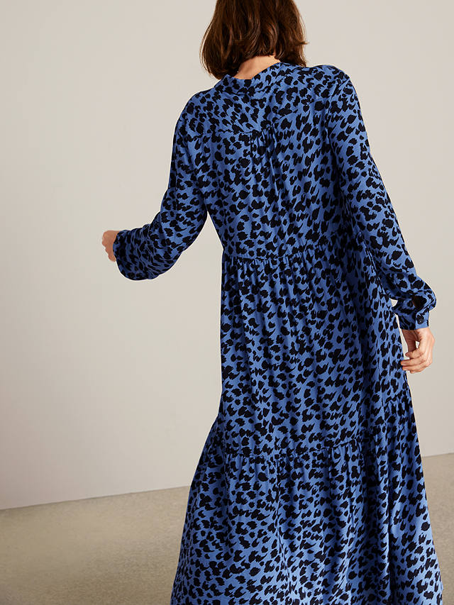 John Lewis Animal Print Tiered Midi Dress, Blue/Multi