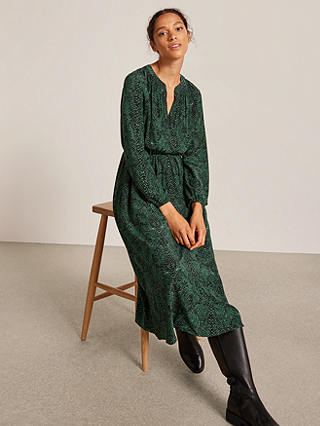 John Lewis Python Print Gathered Neck Midi Dress, Green