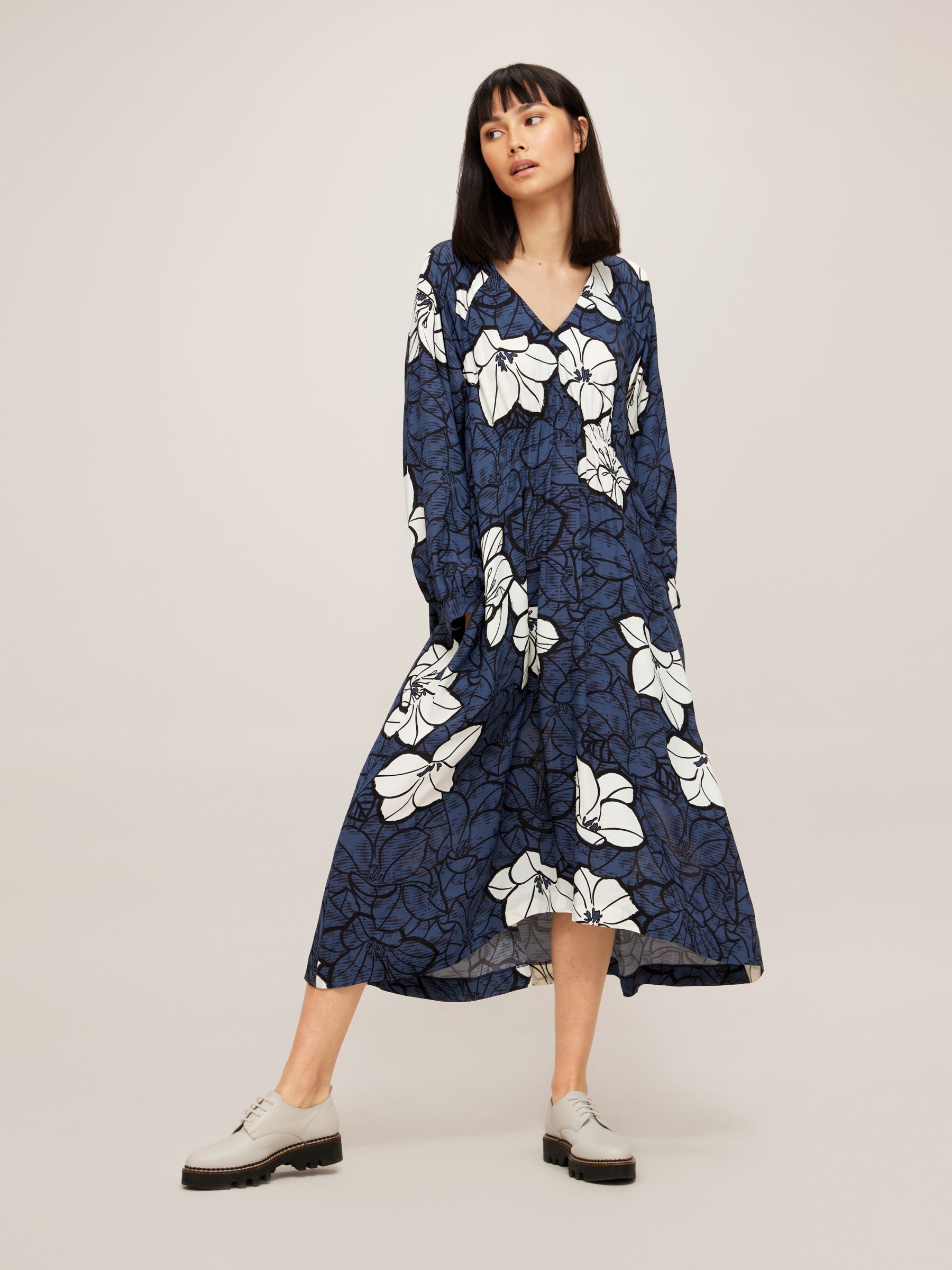 Kin Floral Print Shirred Waist Midi Dress, Navy