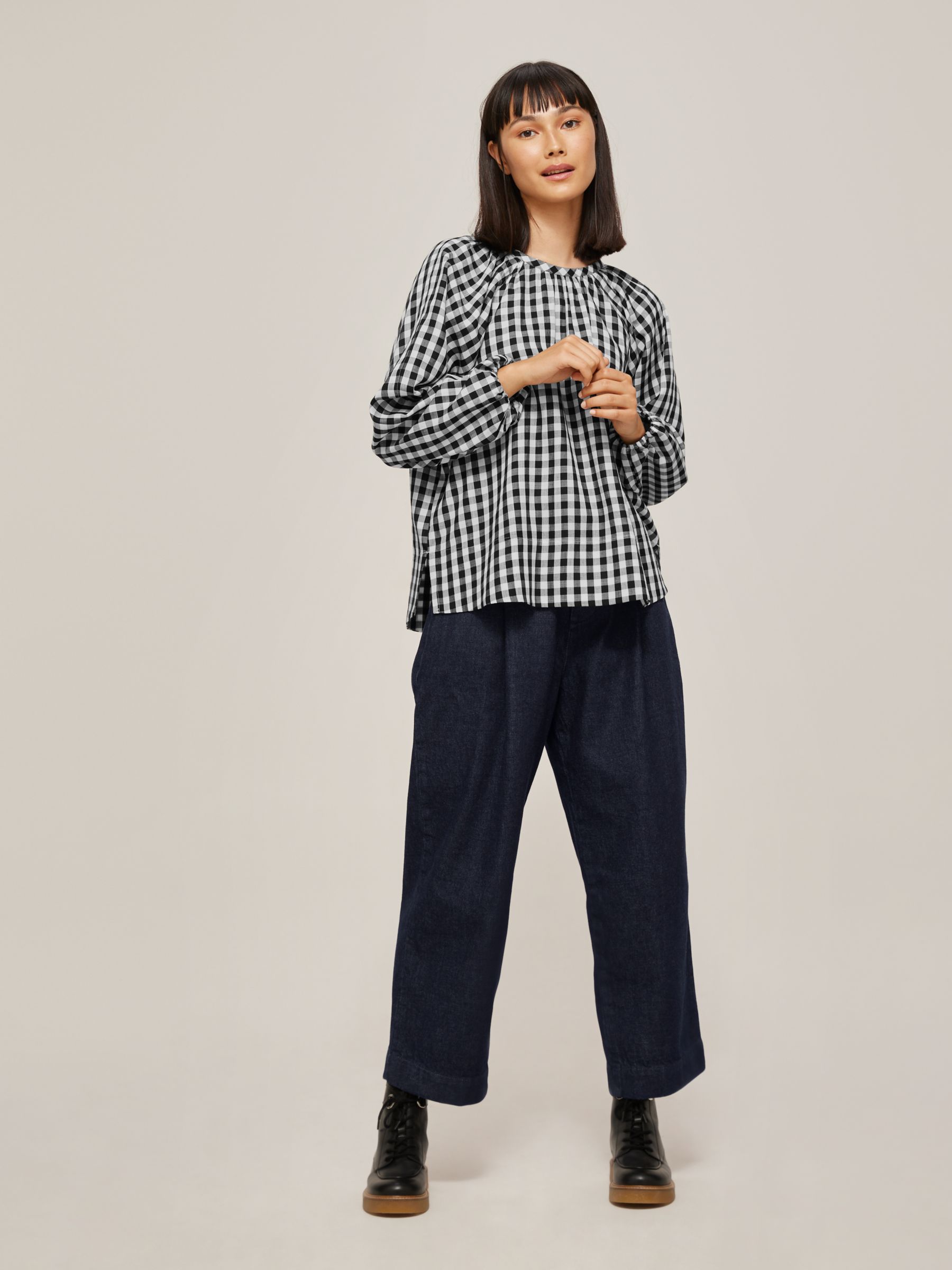 Kin Check Full Sleeve Smock Top, Black/White at John Lewis & Partners