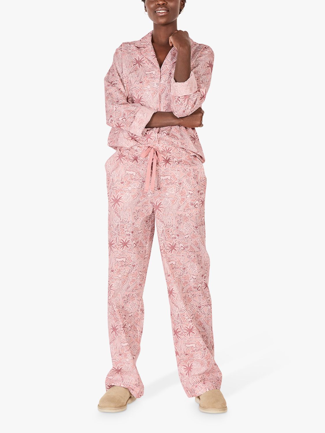 HUSH Isla Animal Safari Print Cotton Pyjama Set, Soft Pink