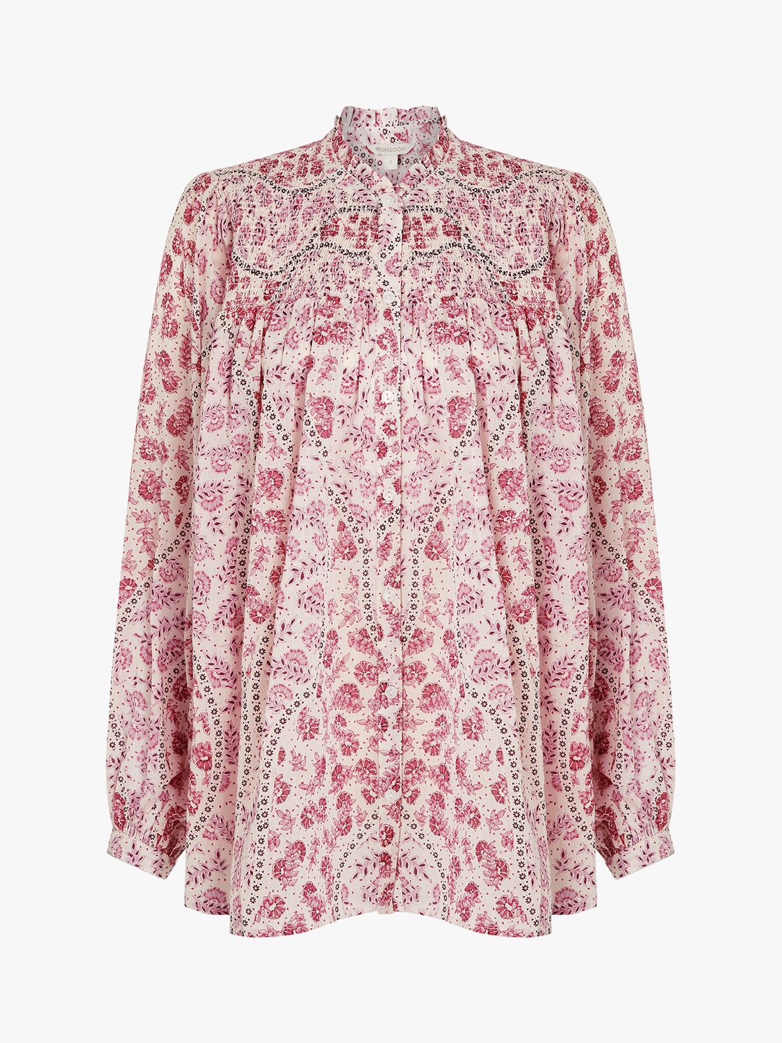 Monsoon Long Sleeve Floral Print Top, Ivory/Pink at John Lewis & Partners