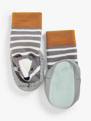 John Lewis & Partners Baby Badger Socktop Moccasin Slippers, Grey