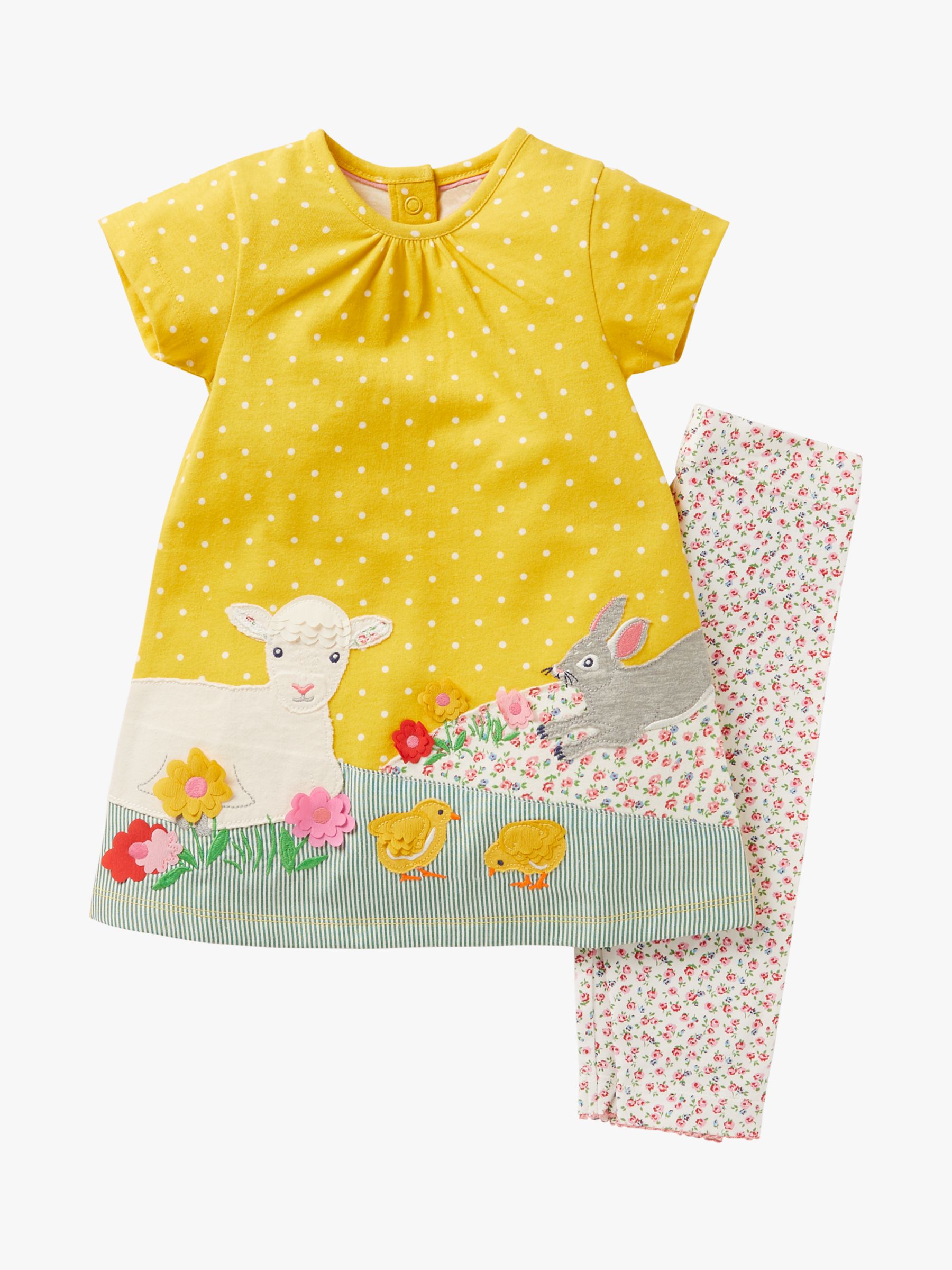 Mini Boden Baby Lamb Appliqué Dress and Leggings Set, Yellow, 0-3
