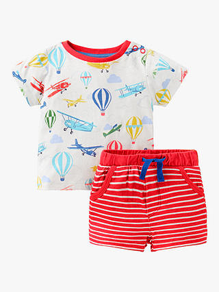 Mini Boden Baby Jersey Vintage Plane Print T-Shirt and Shorts Set, Red/Ivory