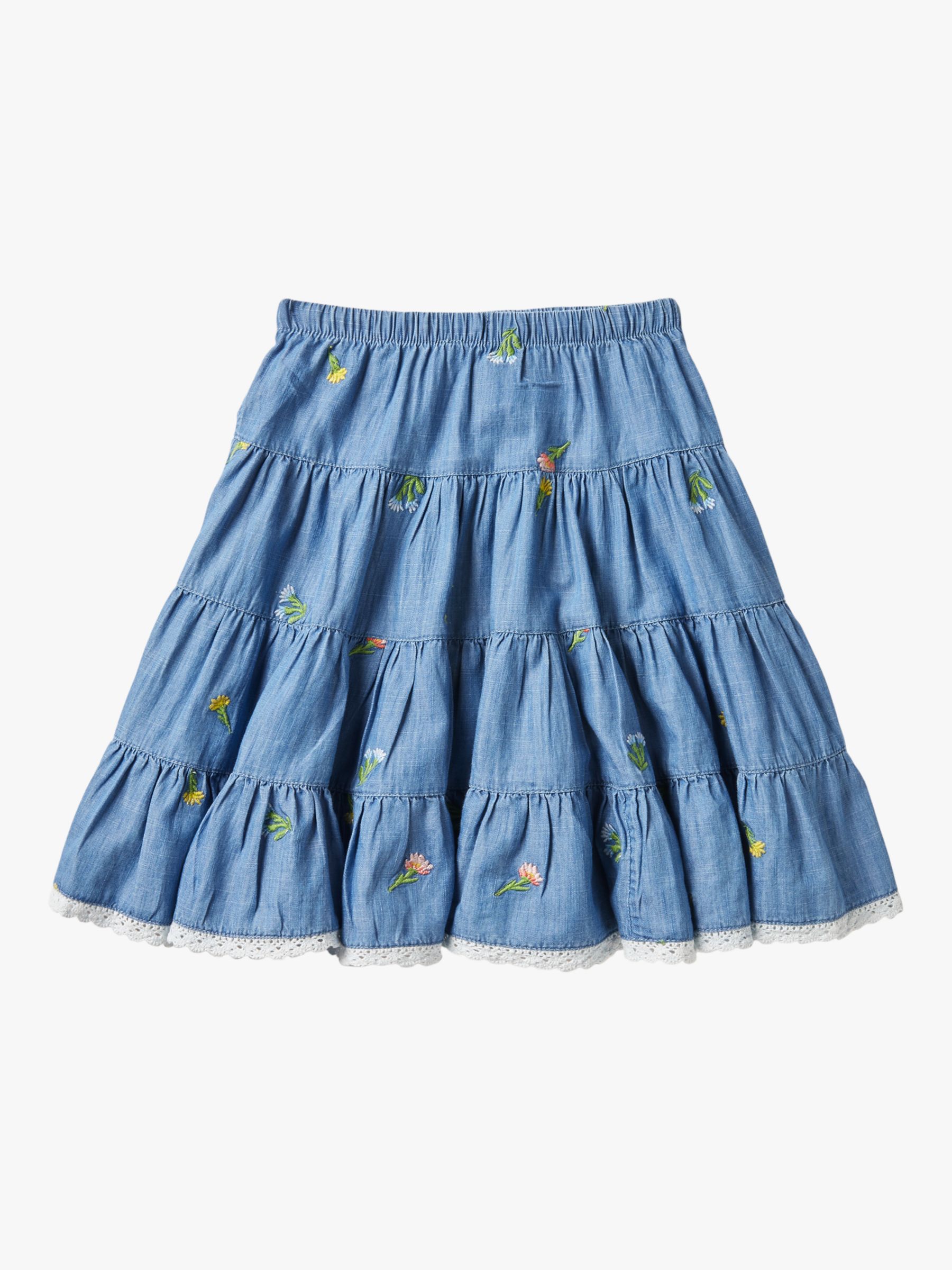 Mini Boden Children's Floral Tiered Woven Skirt, Chambray at John Lewis ...