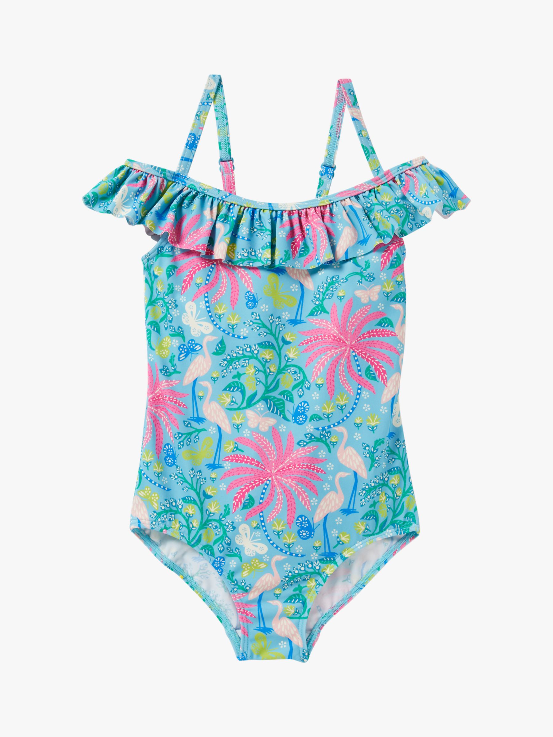 Mini Boden Kids' Off Shoulder Tropical Print Swimsuit, Blue
