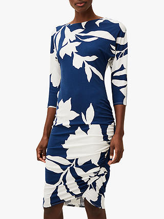 Phase Eight Mel Abstract Ruched Dress, Cobalt/White