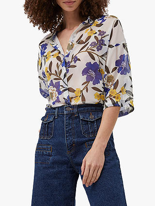 French Connection Eloise Floral Semi Sheer Crinkle Shirt, Summer White/Multi