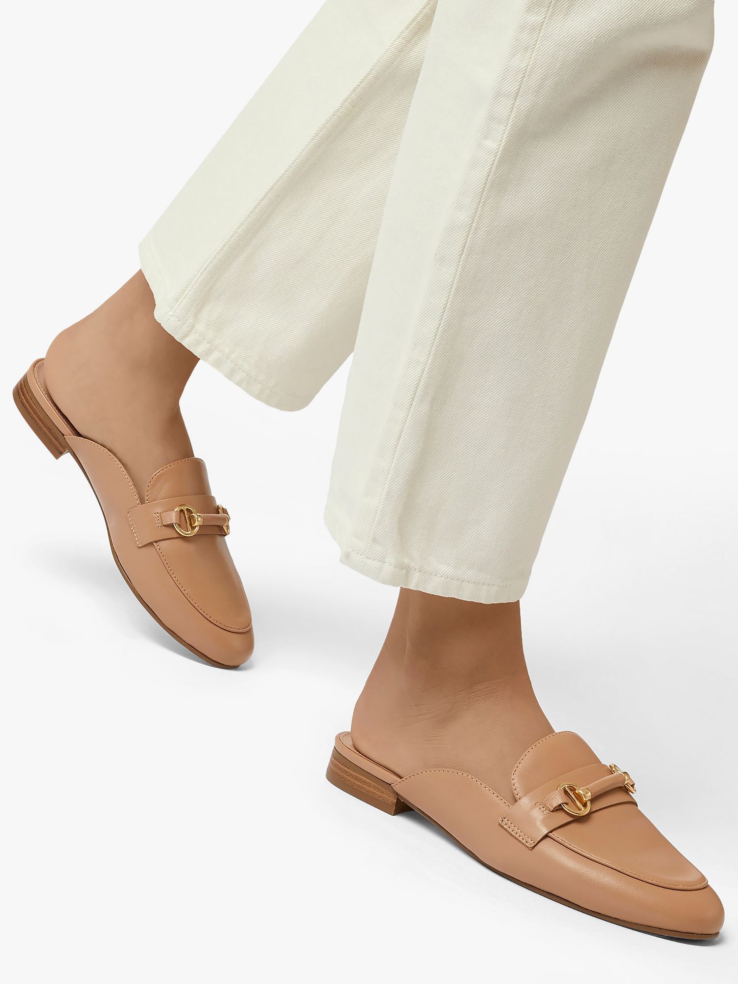 Dune Glowin Leather Snaffle Trim Backless Loafers, Camel at John Lewis ...