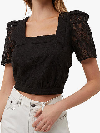 French Connection Baintana Square Neck Embroidered Top, Black
