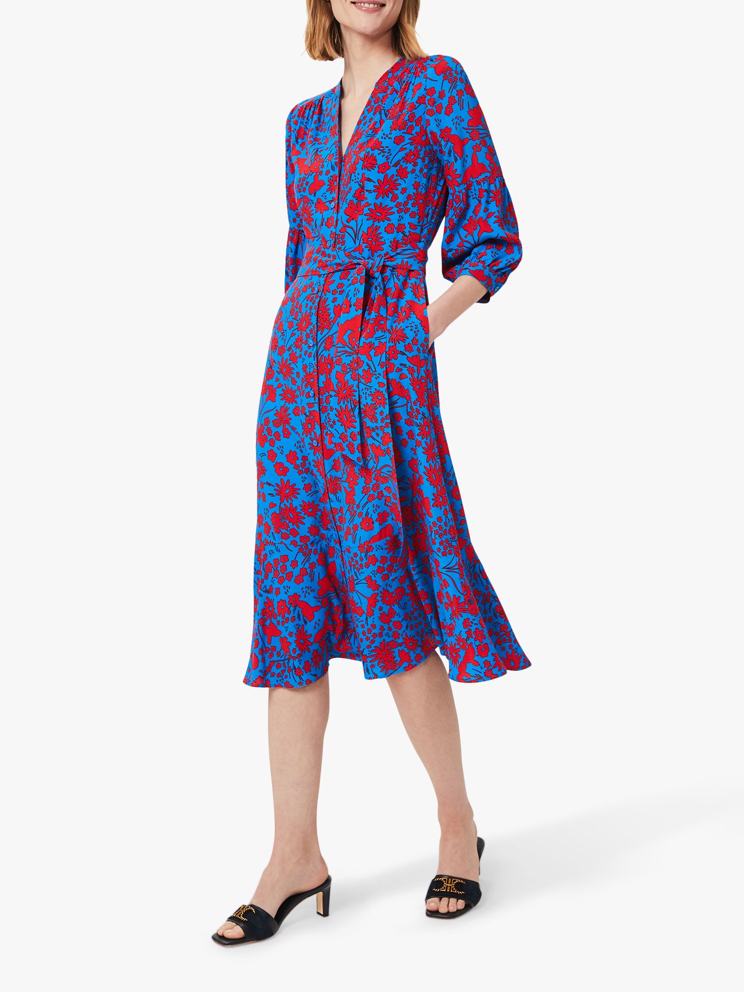 Hobbs Carla Floral Print Midi Dress, Red/Azure Blue