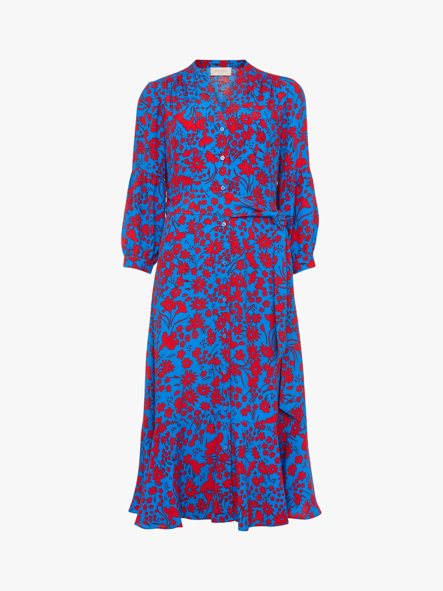 Hobbs Carla Floral Print Midi Dress, Red/Azure Blue