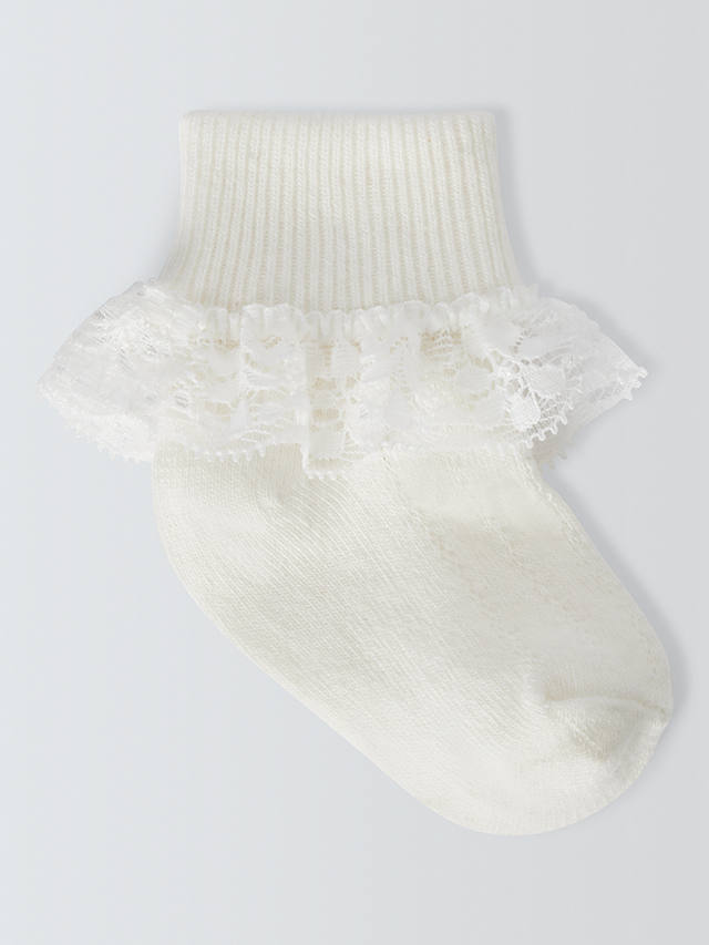 John Lewis Baby Organic Cotton Rich Lace Trim Socks, Pack of 3, Cream