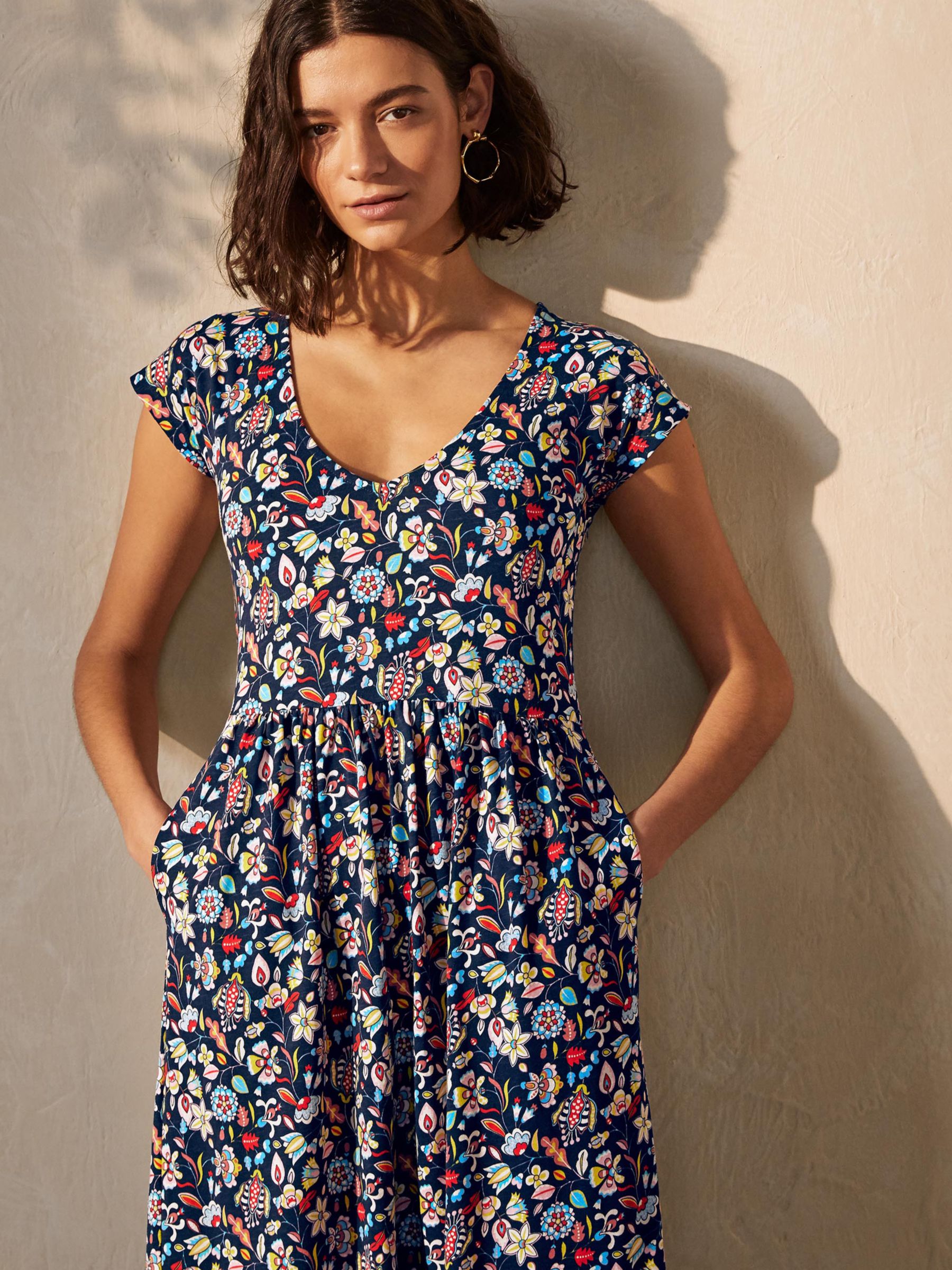 Boden Floral Print Voop Tiered Dress, Navy/Multi at John Lewis & Partners