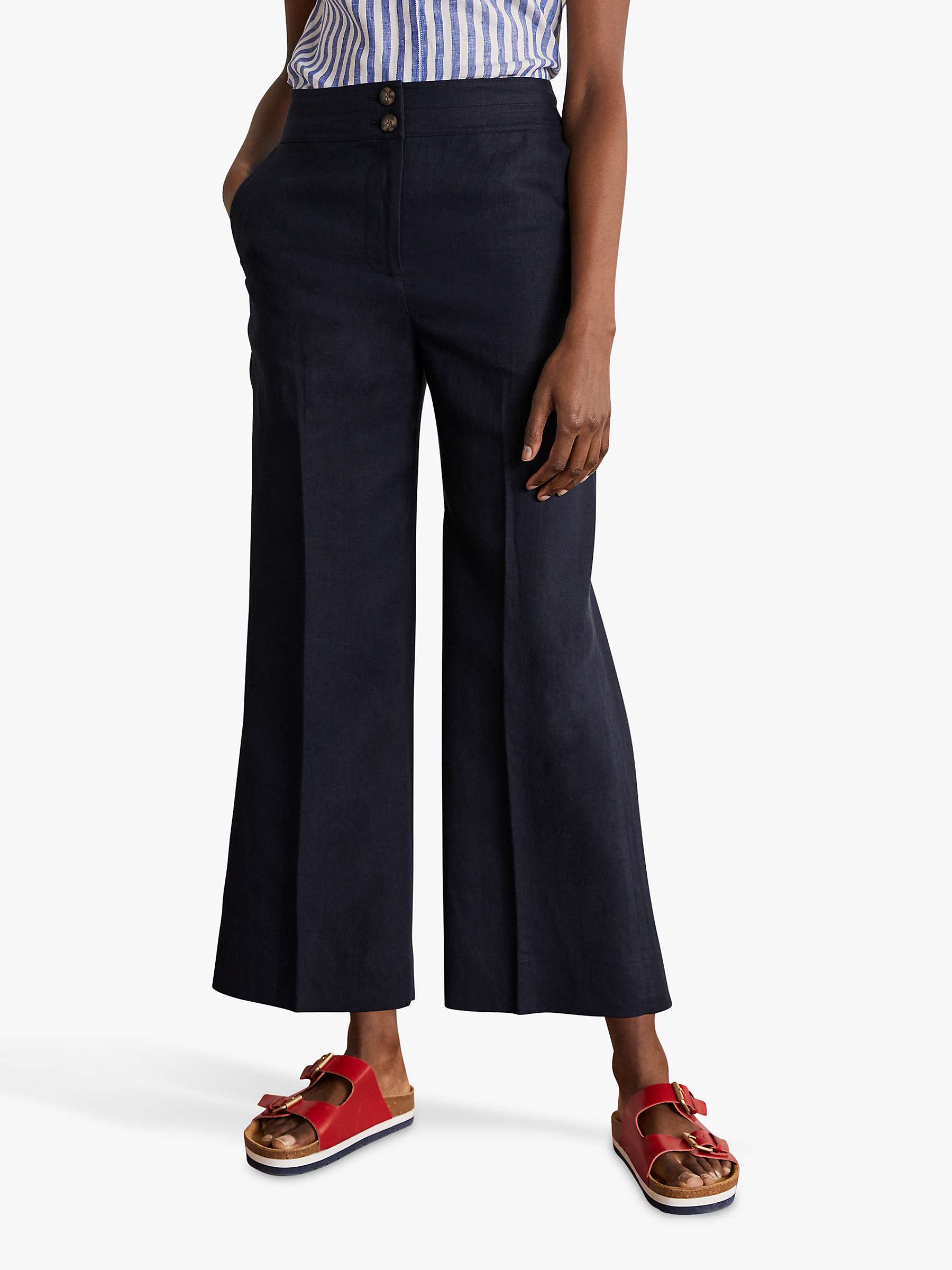 Boden Cornwall Linen Flared Trousers, Navy at John Lewis & Partners