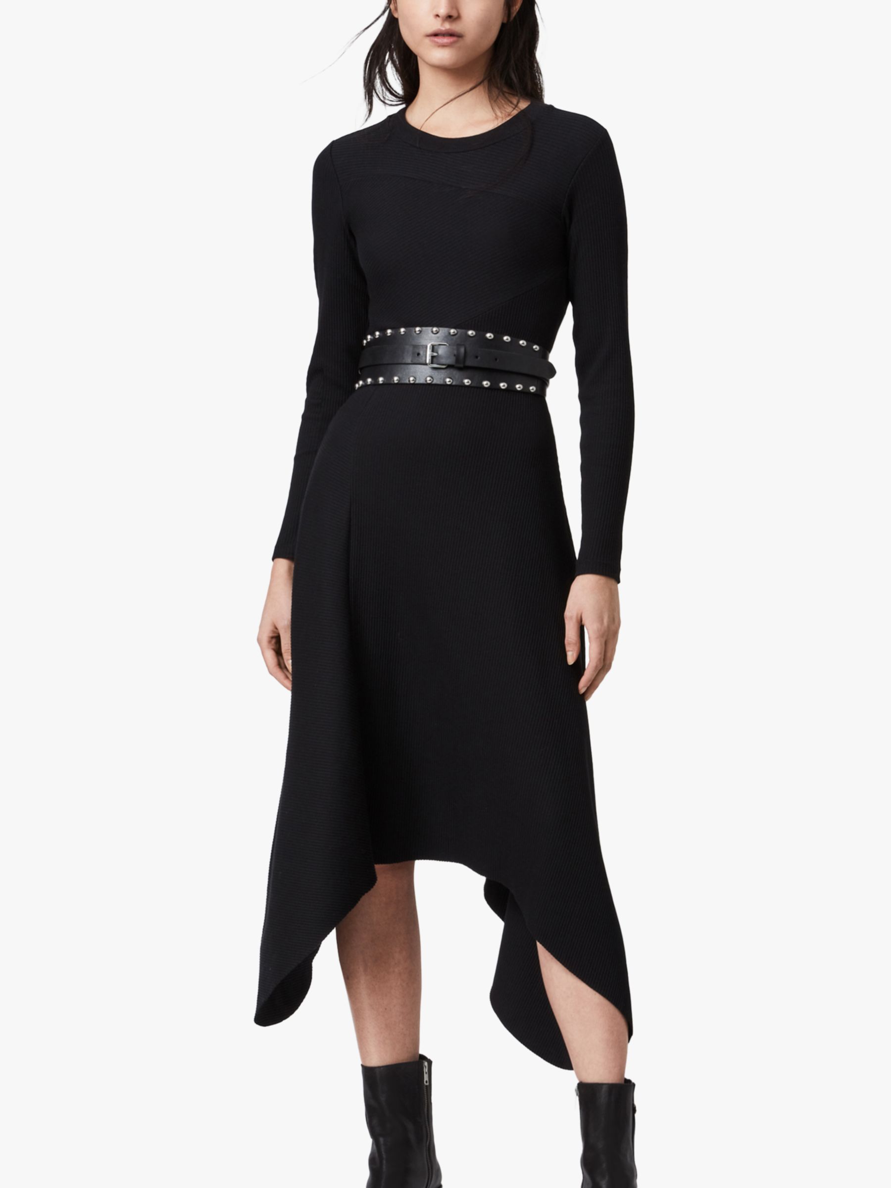 AllSaints Gia Asymmetric Hem Midi Dress, Black
