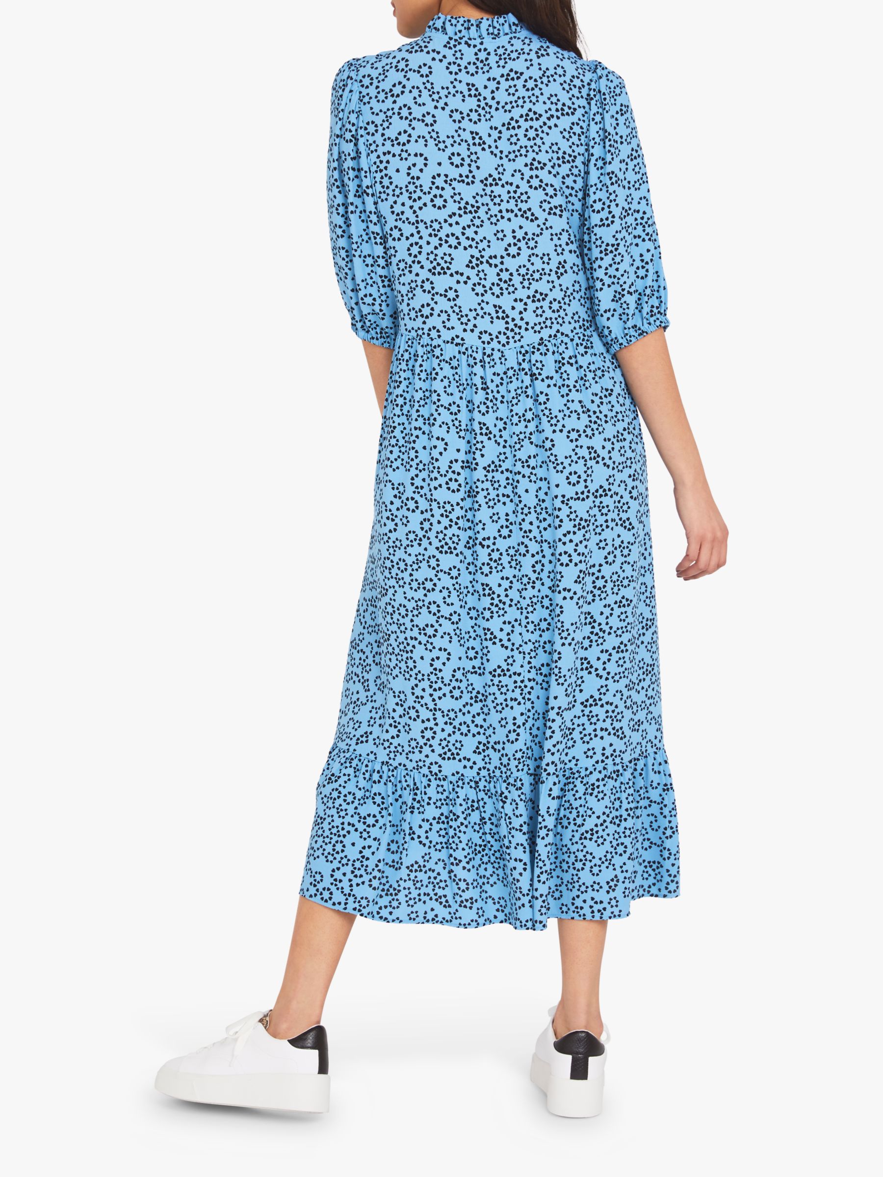 Finery Kyra Crepe Ruffle Neck Midi Dress, Blue/Circle Hearts, 8