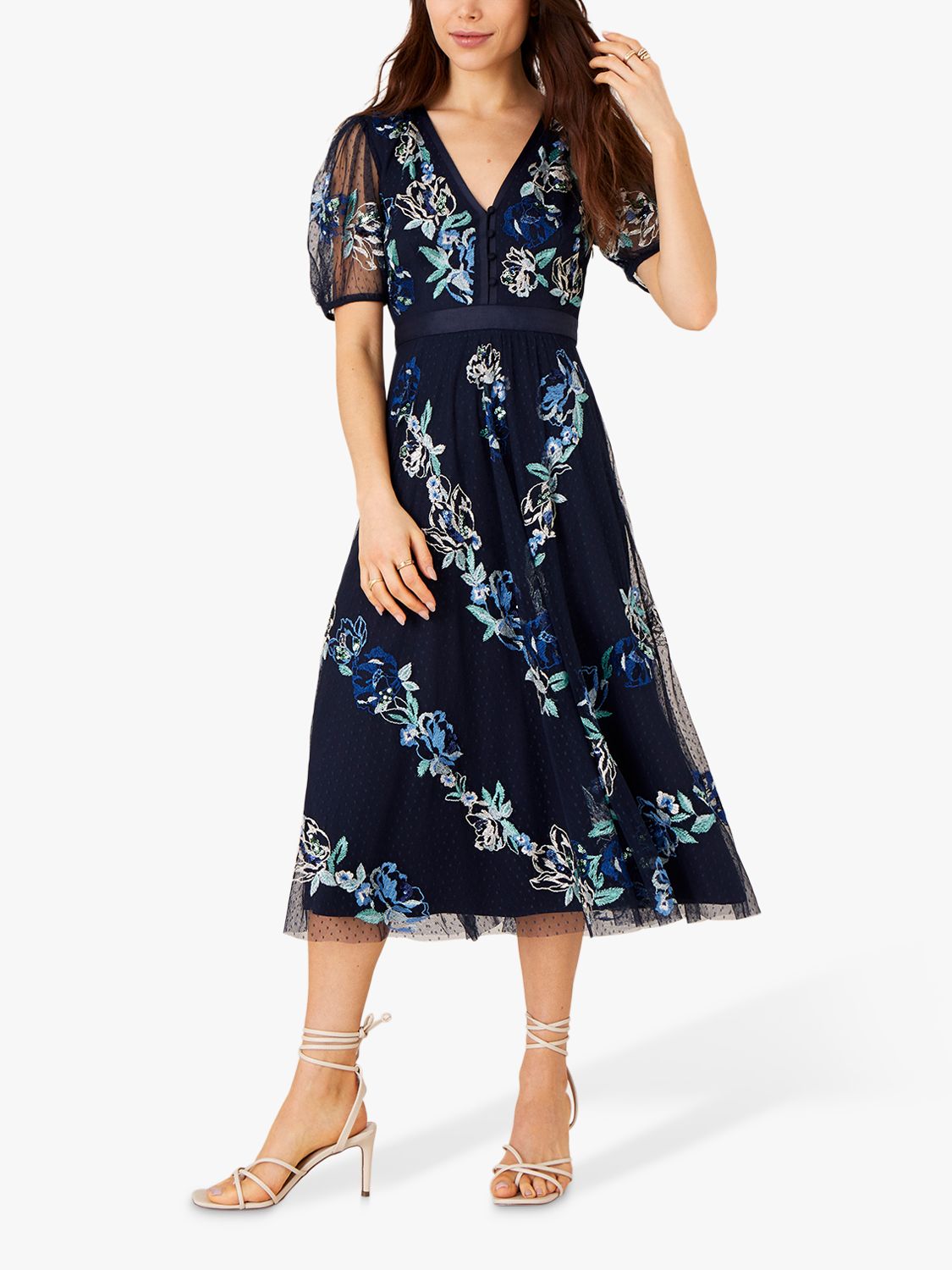 Monsoon Embroidered Floral Midi Dress, Navy at John Lewis & Partners