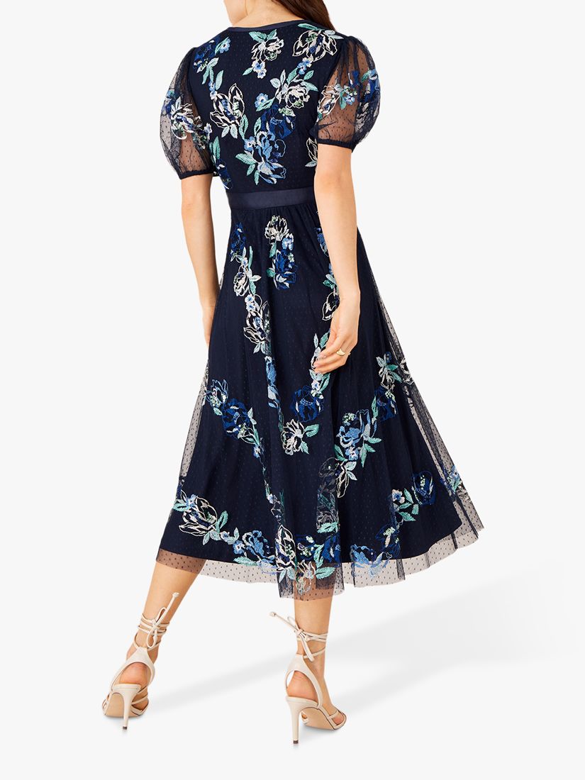 Monsoon Embroidered Floral Midi Dress, Navy at John Lewis & Partners