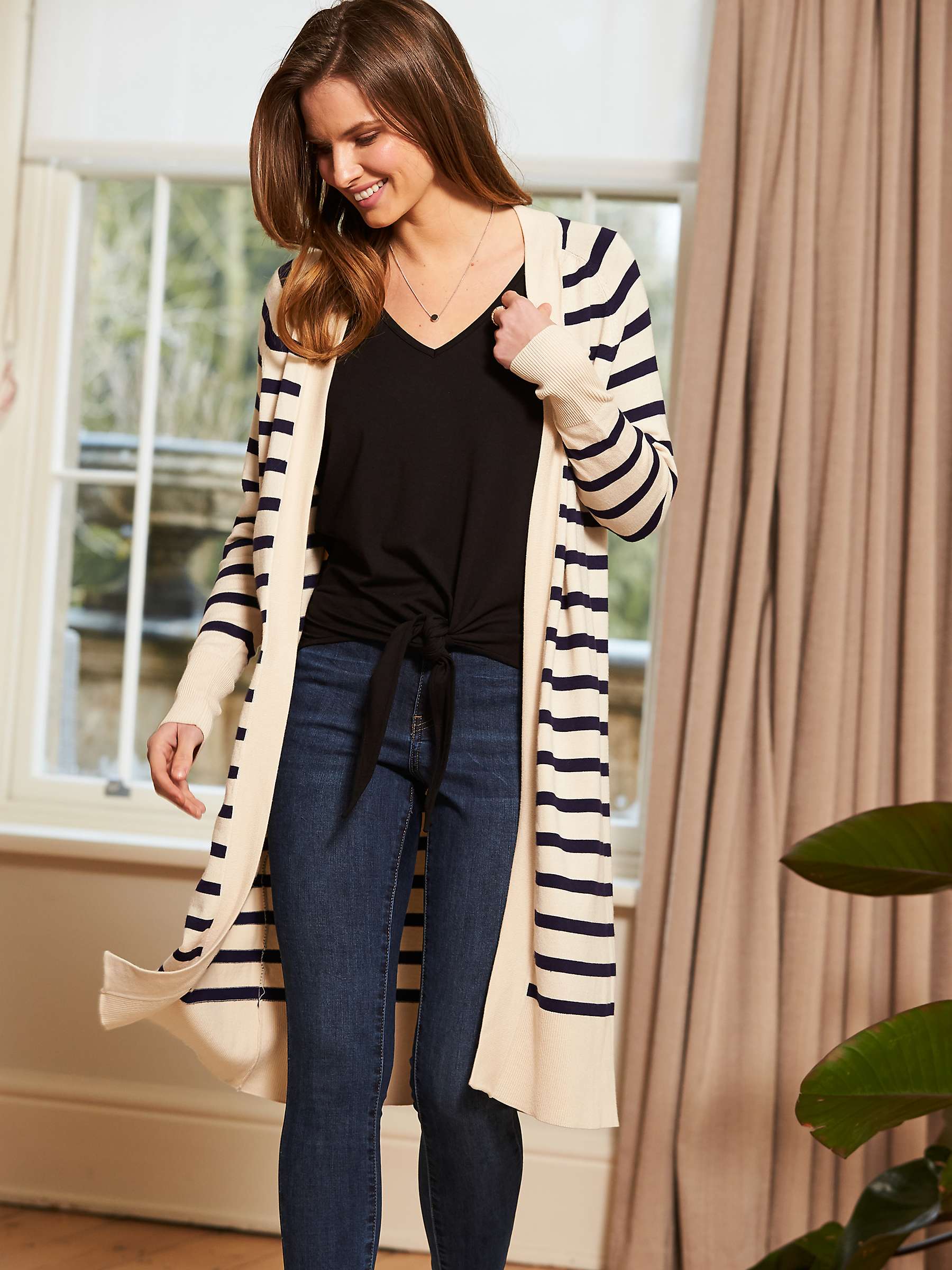 Buy Sosandar Striped Longline Knitted Cardigan, Cream/Navy Online at johnlewis.com