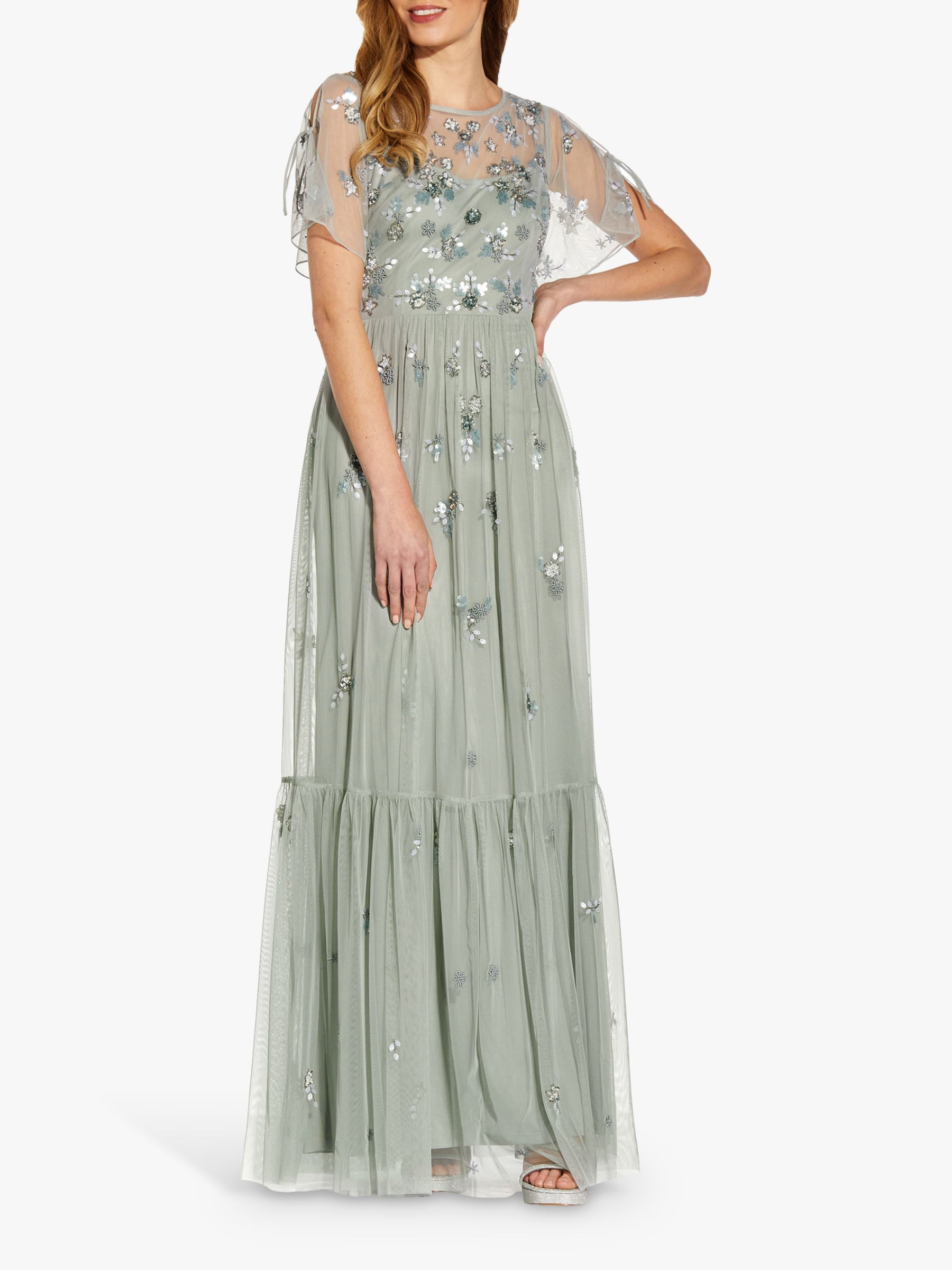 Adrianna Papell Beaded Mesh Maxi Dress, Frosted Sage at John Lewis ...