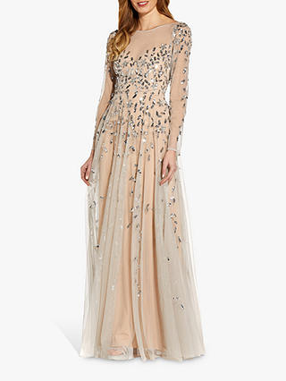 Adrianna Papell Beaded Sequin Maxi Dress, Nude/Silver