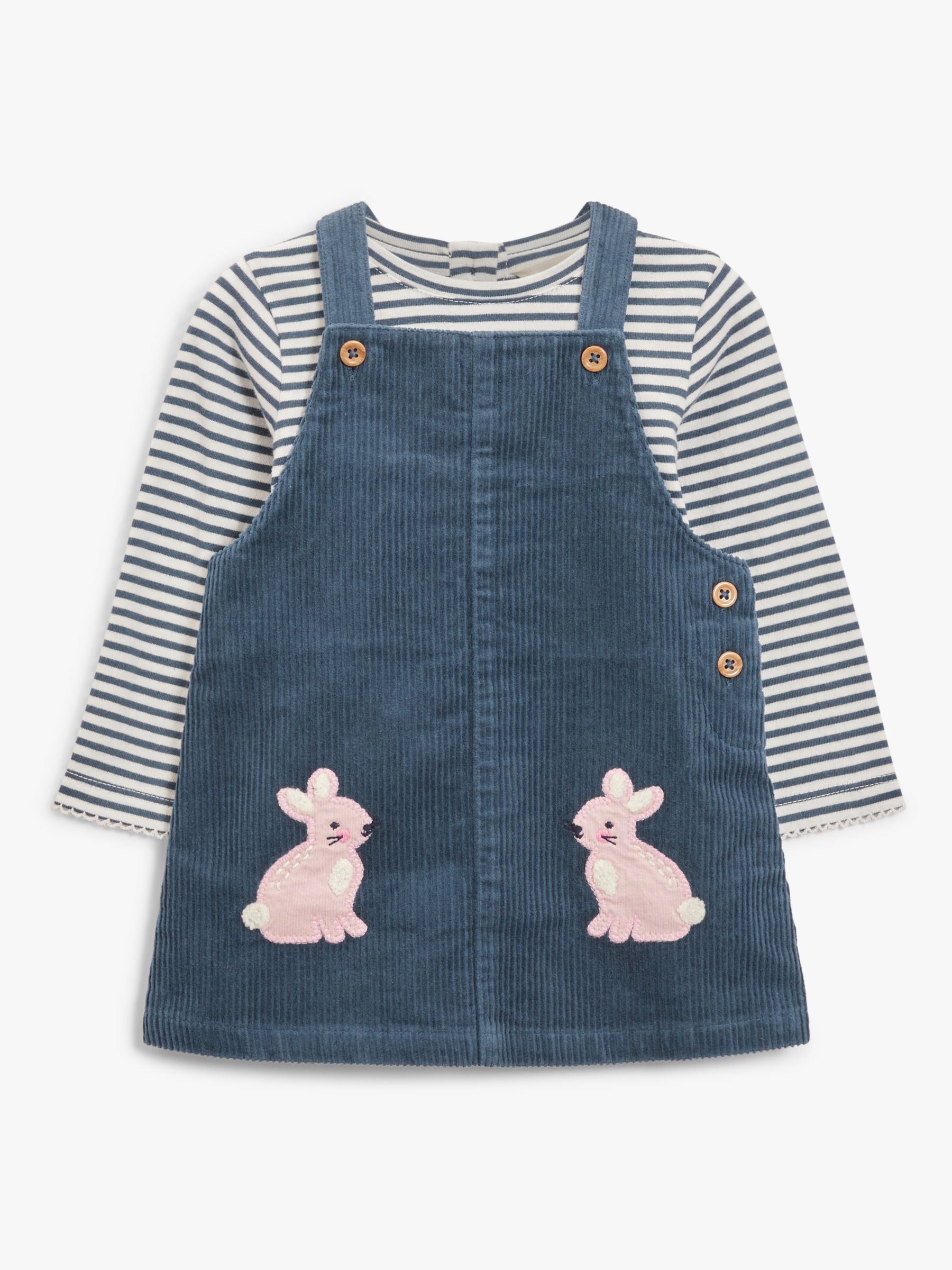 John Lewis Baby Applique Bunny Cord Pinny Dress & Stripe Top Set, Navy