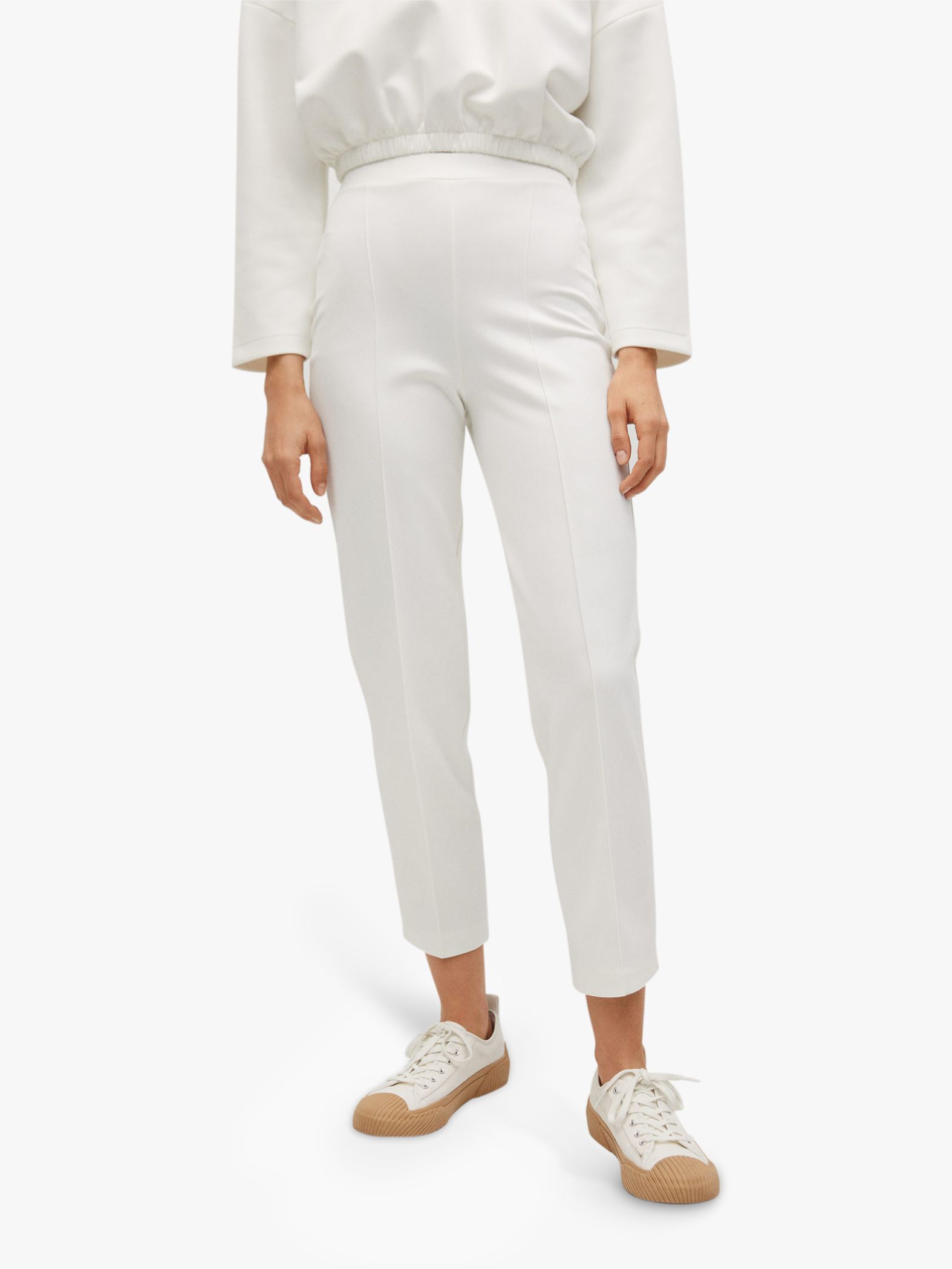 Mango Elastic Waist Cropped Trousers, White at John Lewis & Partners