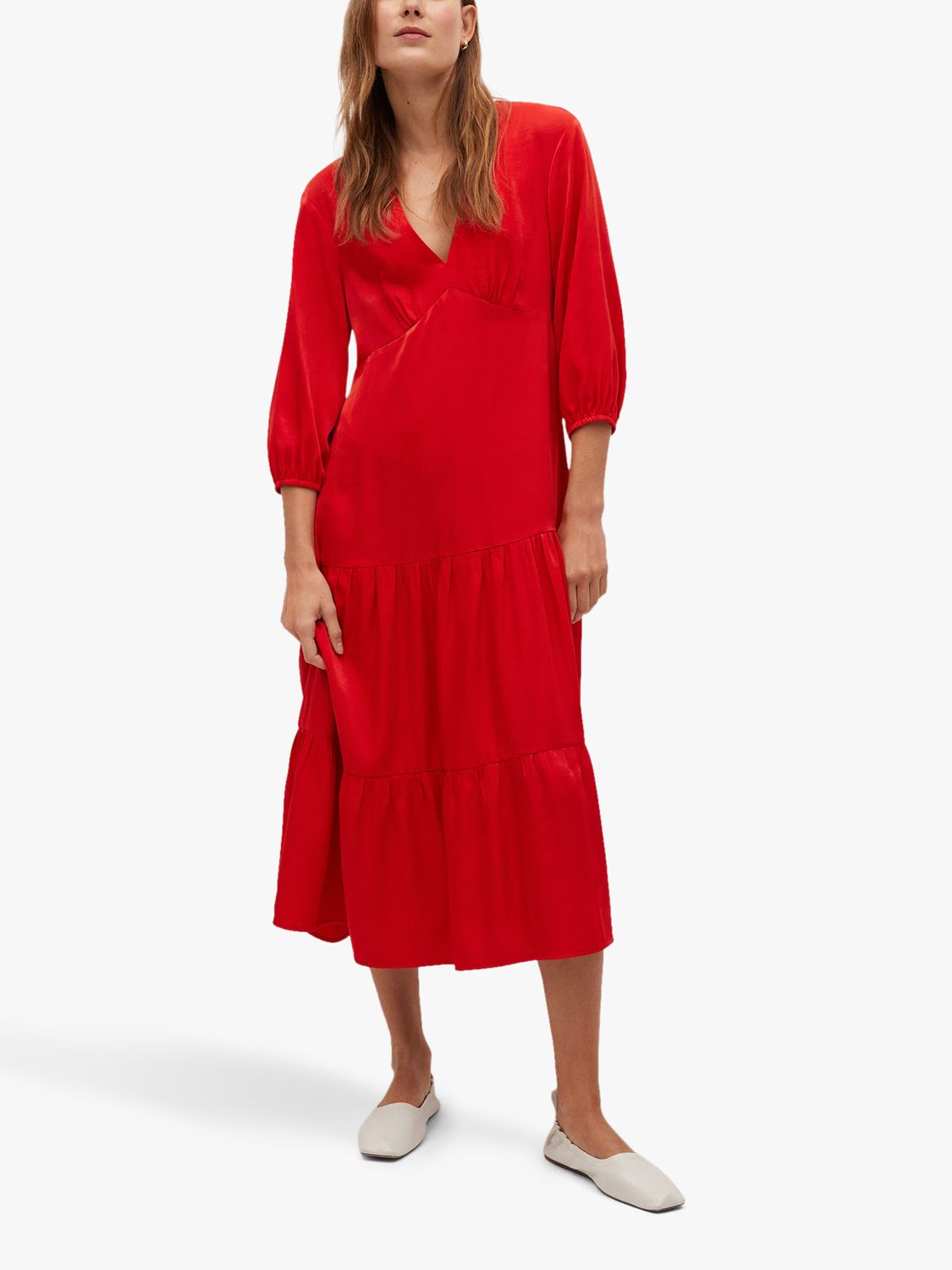 Mango Flowy Ruffle Midi Dress, Red