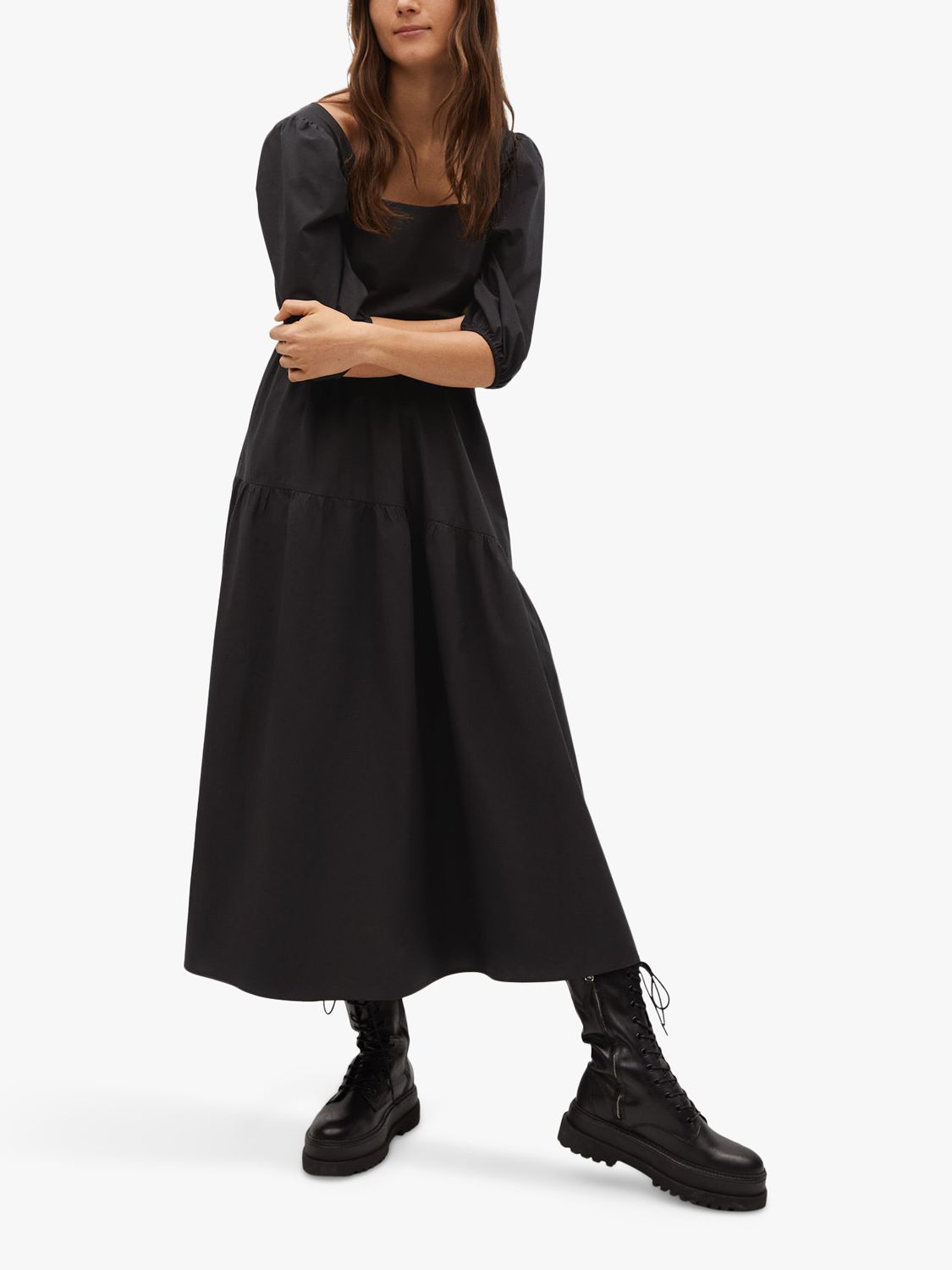 Mango Puff Sleeve Midi Dress, Black