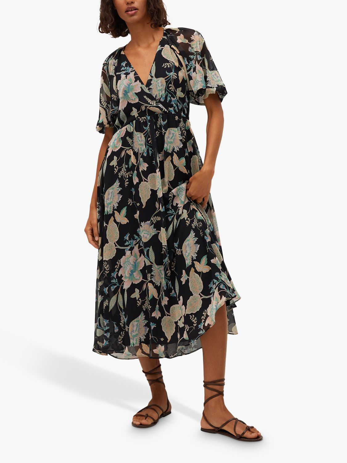 Mango Floral Print Midi Dress, Black at John Lewis & Partners