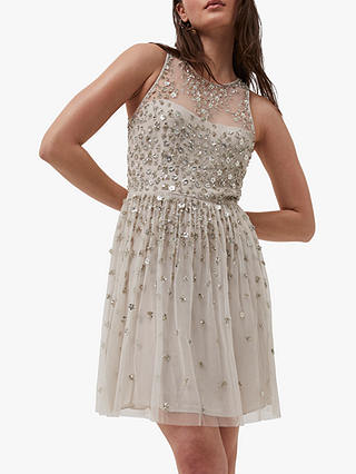 French Connection Elin Embellished Mini Dress, Silver Cloud