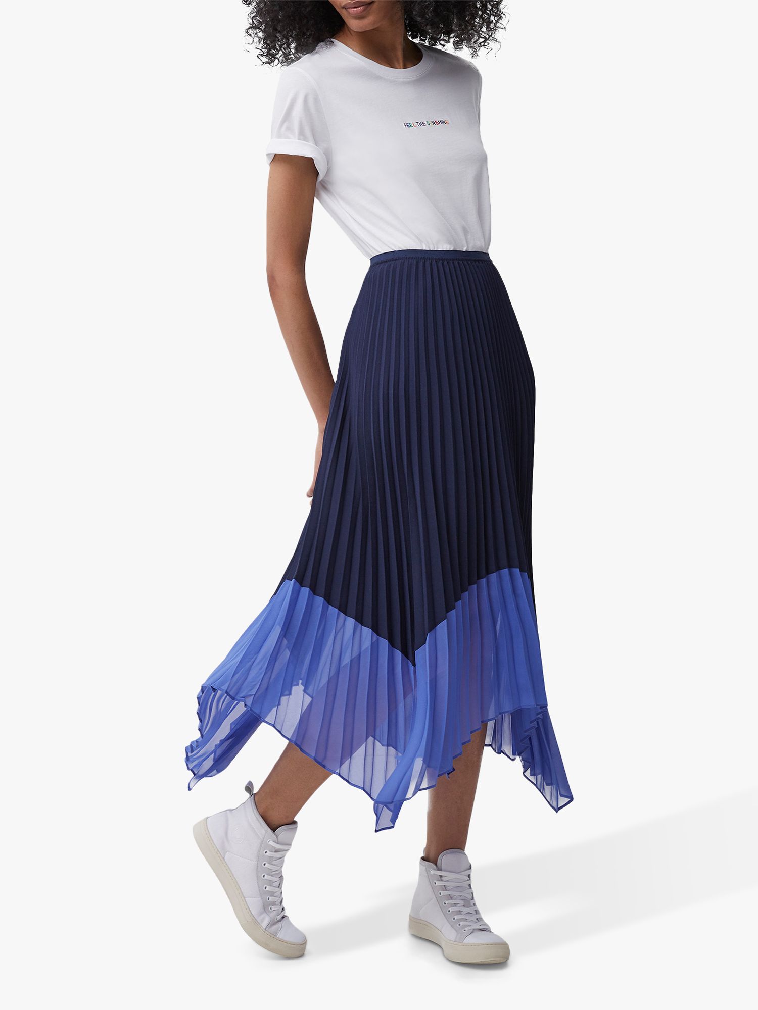 French Connection Ali Pleated Midi Skirt, Nocturnal/Bay Blue