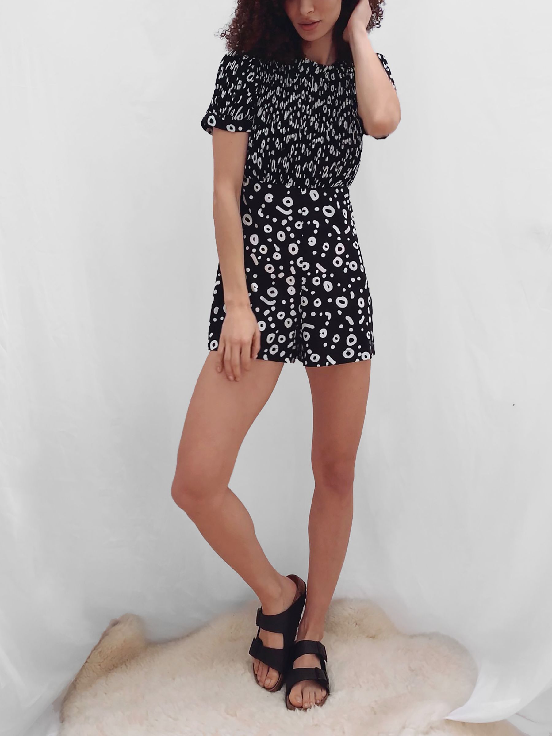 French Connection Doe Crepe Playsuit, Black/Summer White, 12