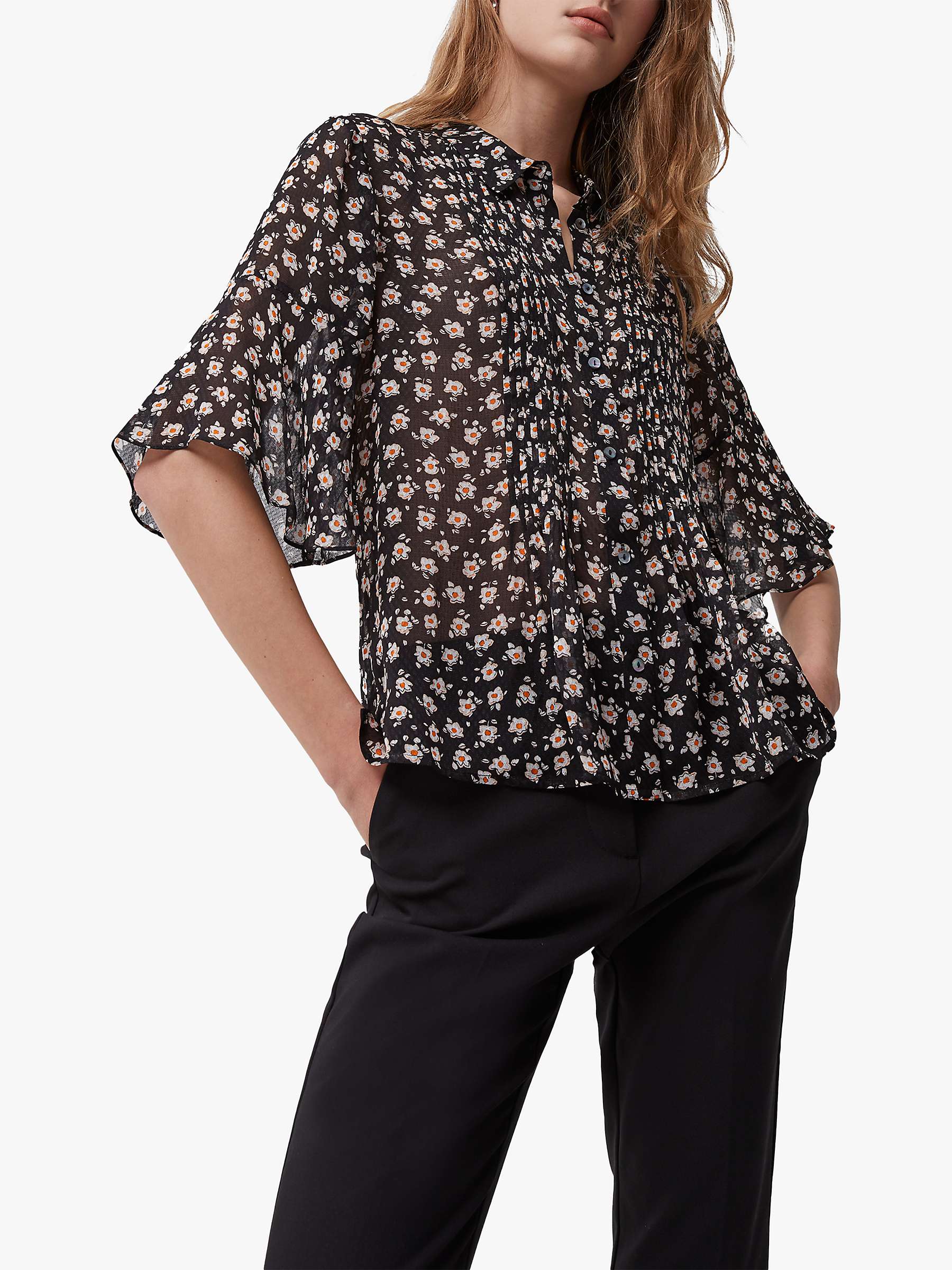 Buy French Connection Aura Ditsy Pintuck Blouse, Black/Multi Online at johnlewis.com