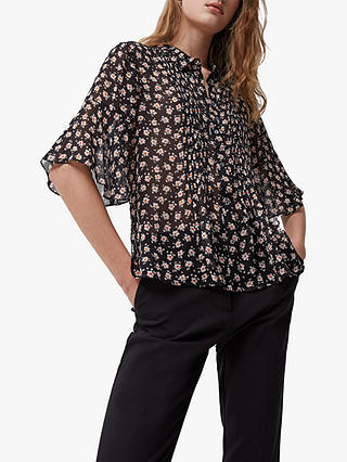 French Connection Aura Ditsy Pintuck Blouse, Black/Multi