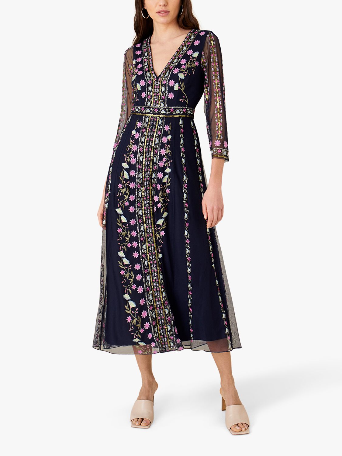 Monsoon Amara Embroidered Floral Midi Dress, Navy