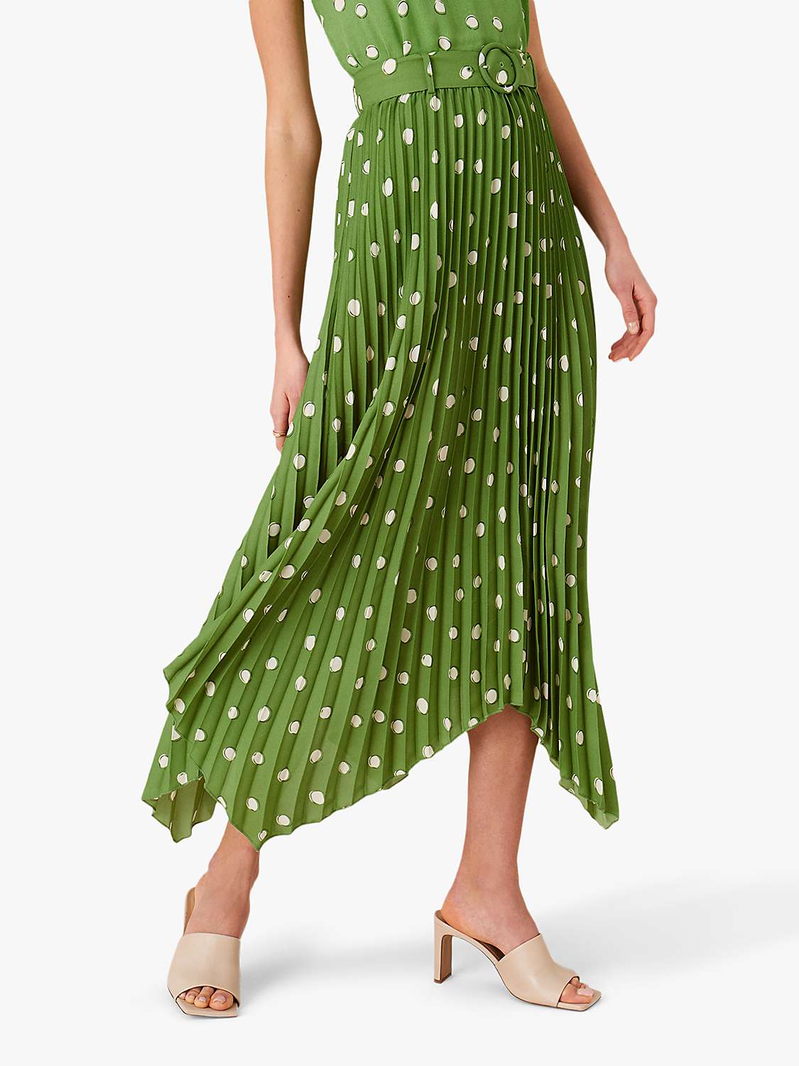 Monsoon Pleated Spot Print Skirt, Green at John Lewis & Partners