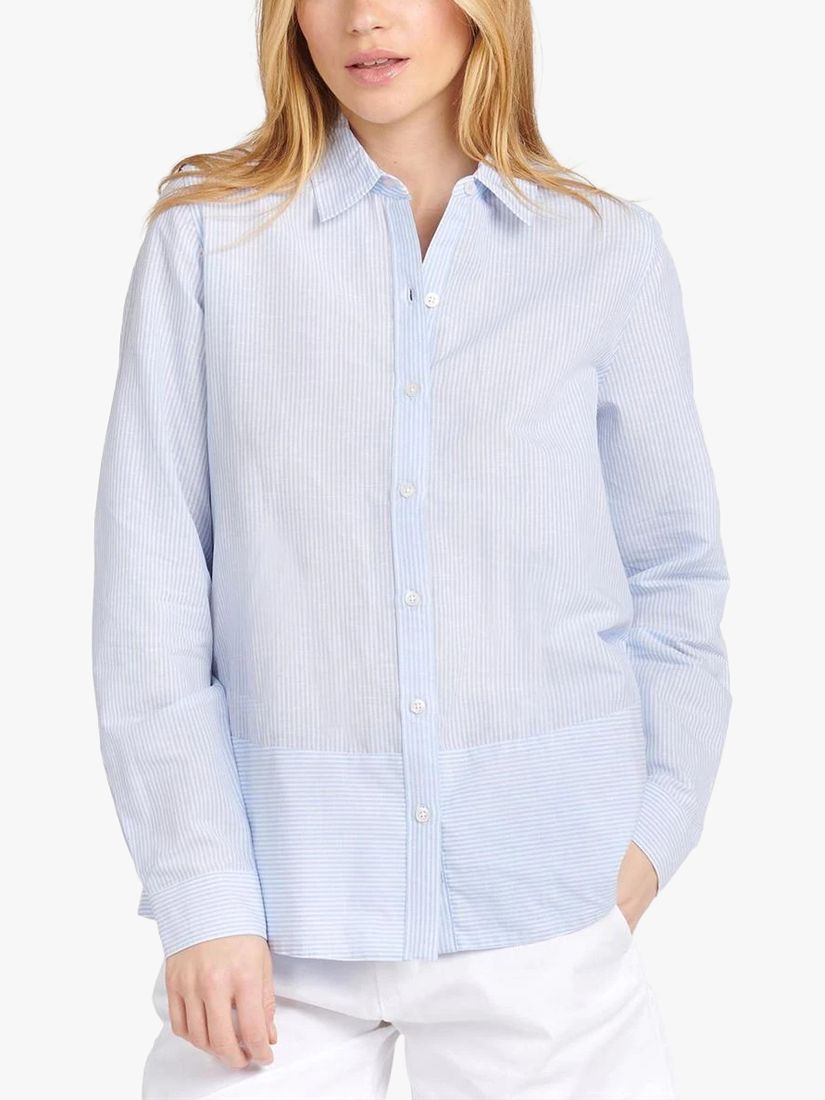 Barbour Longstone Cotton Linen Blend Striped Shirt, Blue Chambray