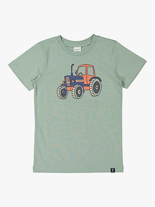 Polarn O. Pyret Kids' GOTS Organic Cotton Tractor T-Shirt, Green Milieu