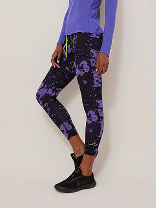 Ronhill Life Cropped Running Leggings, Black/Plum Abstract