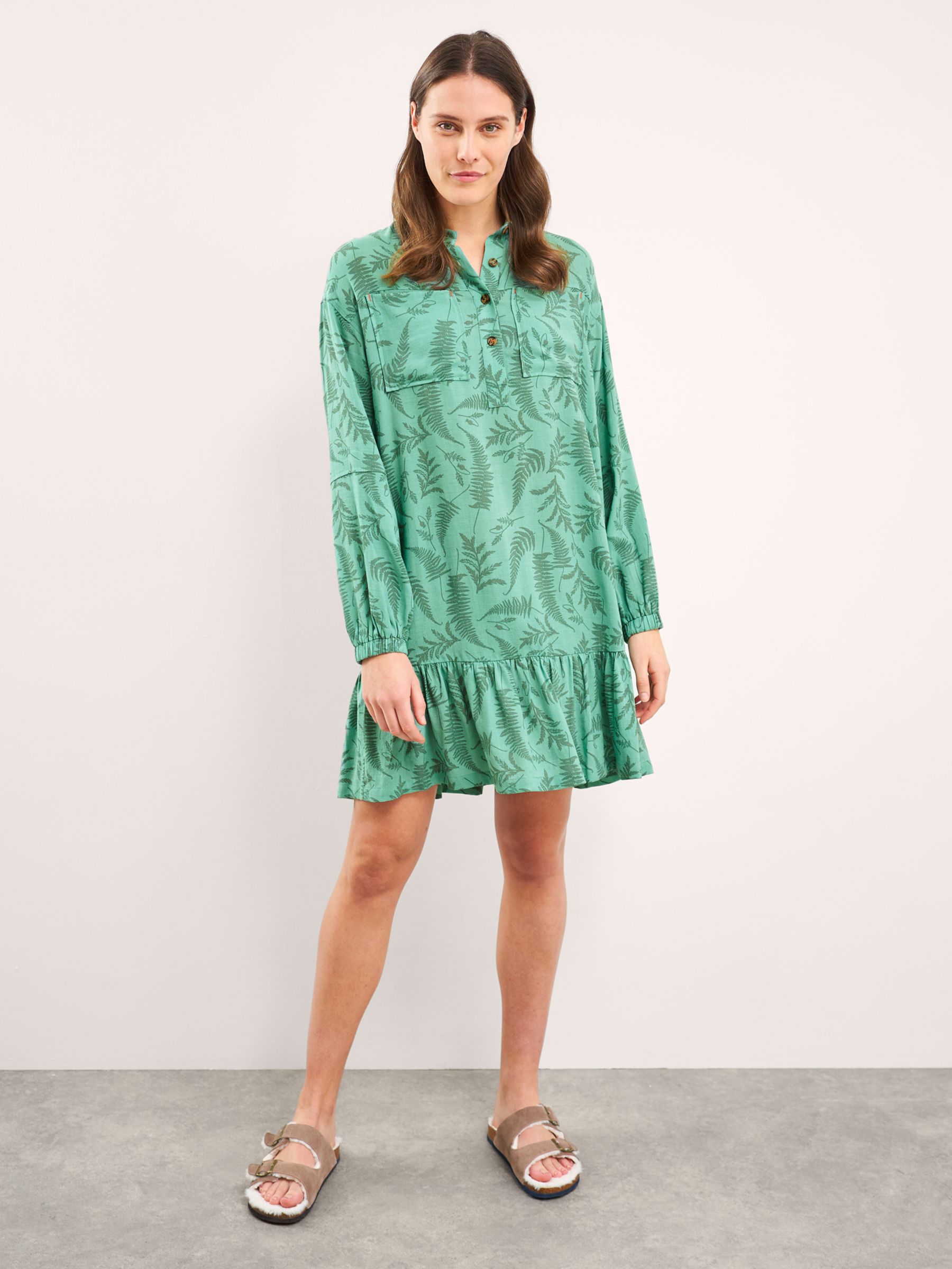 White Stuff Leaf Print Utility Shirt Dress, Green/Multi